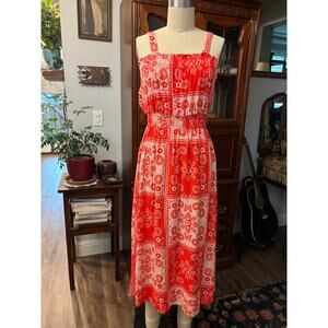 Lisa Says Gah Bandana print pink red smocked dress small linen